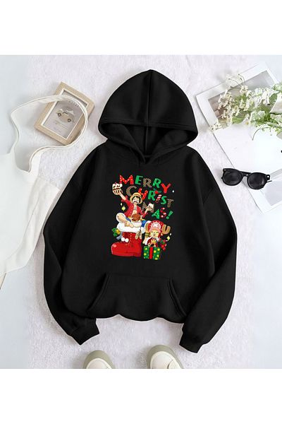 Touz Moda Φούτερ One Piece Merry Christmas με στάμπα με κουκούλα