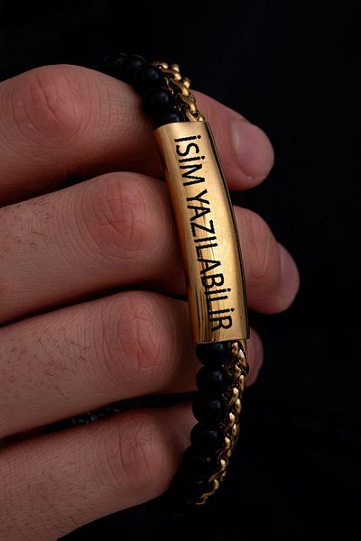OSMANLI GÜMÜŞ Men's Steel Bracelet - Name Writable, Black Beads and Yellow King Chain