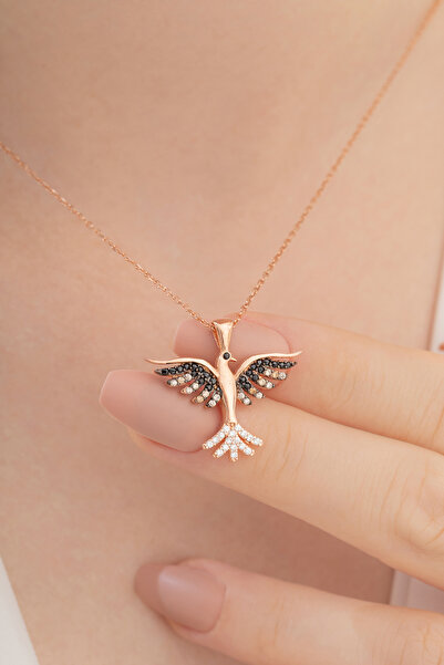 OSMANLI GÜMÜŞ Zümrüdü Anka Kuşu Rose Renk Bayan Gümüş Kolye