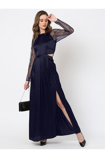 Mish By Styli Mesh Insert Beaded Sleeves A-Line Maxi Dress
