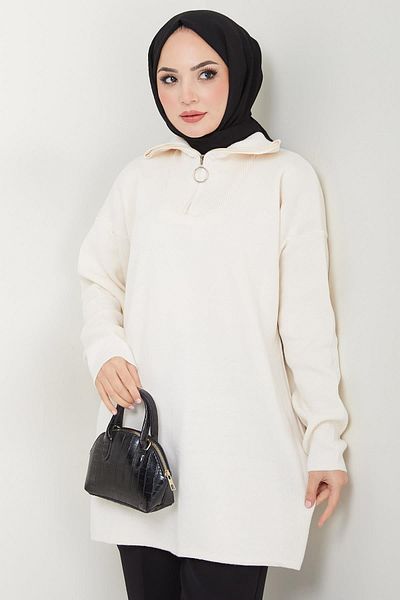 hafsamina Cream Color Zippered Knitwear Tunic - Hm2610