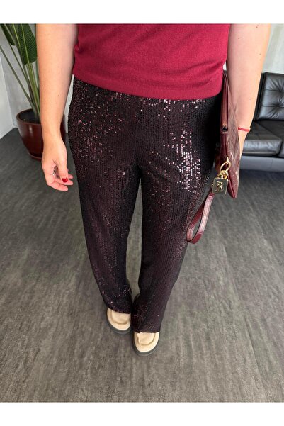 begum mayda Bordo , Likralı , Payetli Pantolon