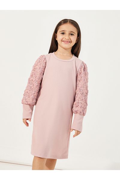 Styli Floral Lace Sleeve Rib Knit Knee-Length Dress