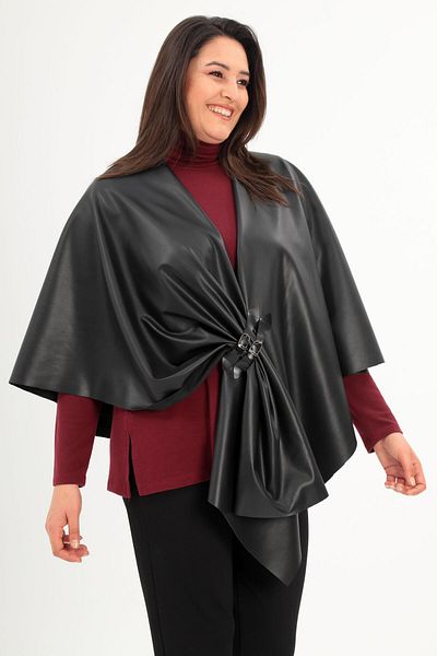 Trend42plus Black Shawl Poncho with Leather and Leather Buckle Detail