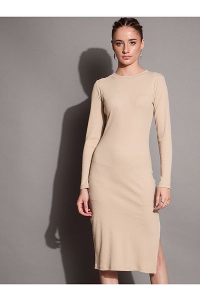 Sassafras By Styli Ribbed Bodycon Knee Length Dress with Side Slit