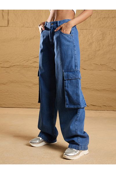 Sassafras By Styli Mid Rise Washed Box Pockets Straight Fit Jeans