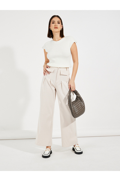 Styli High Rise Wide Leg Pleat Detail Casual Pants
