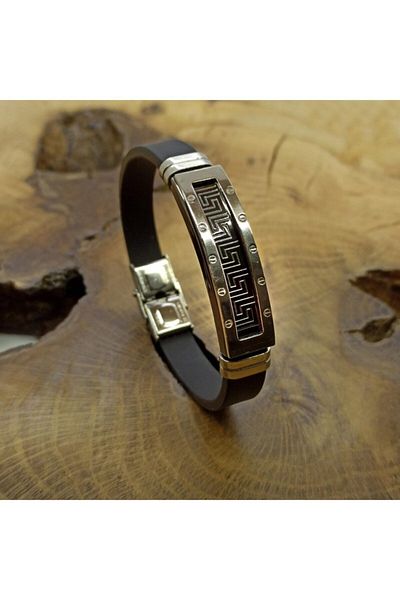 OSMANLI GÜMÜŞ Frame Pattern Grek Pattern Rubber Steel Men's Bracelet Dblcrvcgrek-syh