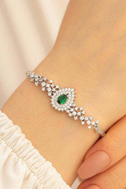 OSMANLI GÜMÜŞ Kadın Gümüş Bileklik - Çise Zümrüt Taşlı Su Yolu Gümüş Bileklik