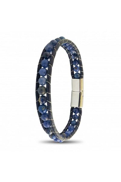 OSMANLI GÜMÜŞ 6mm Natural Lapis Stone Men's Bracelet - Leather Cord and Steel Bracelet