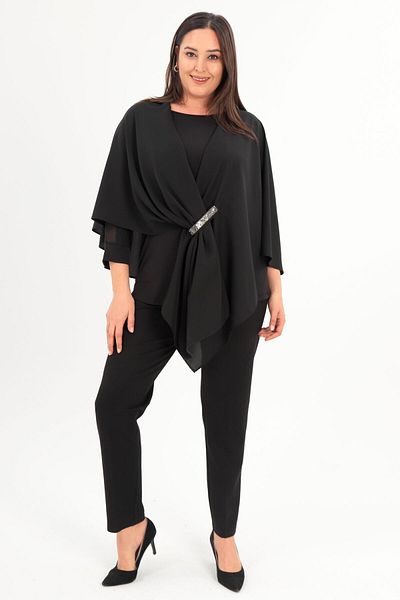 Trend42plus Stone Printed Woven Black Shawl Poncho