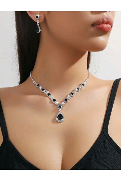 Renkada Gümüş Kaplama Gece Damla Taşlı Kolye,küpe Seti 2'lü Set Davet Düğün N...