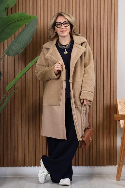 MİSLİNA BUTİK Deri Kol Manşet Detay Nubuk Polar Cappıcıno Kaban