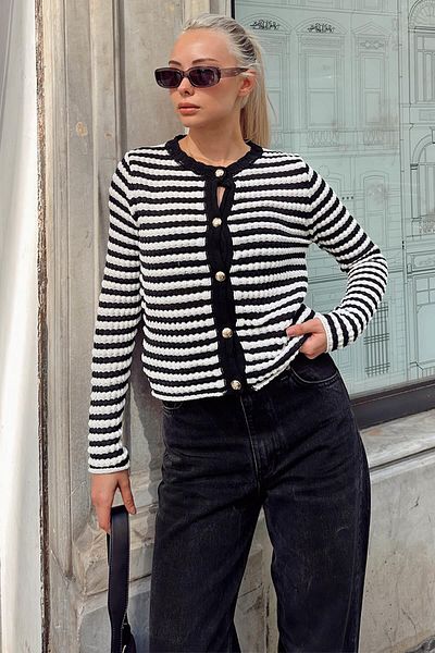 Swist Black Striped Bow Knitted Women's Knitwear Crop Cardigan
