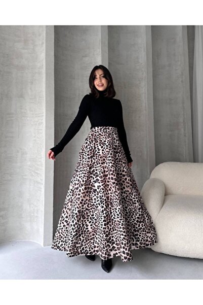 LB Laluna Butik Women's Leopard Pocket Bell Cut Long Skirt