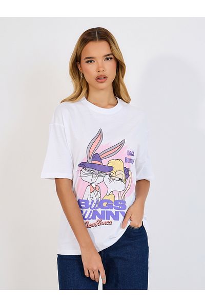 Styli Bugs Bunny Puff Print Oversized T-Shirt with Dropped Shoulder