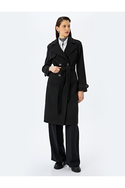 Koton Double Breasted Long Stamp Coat with Pockets and Belt Detail