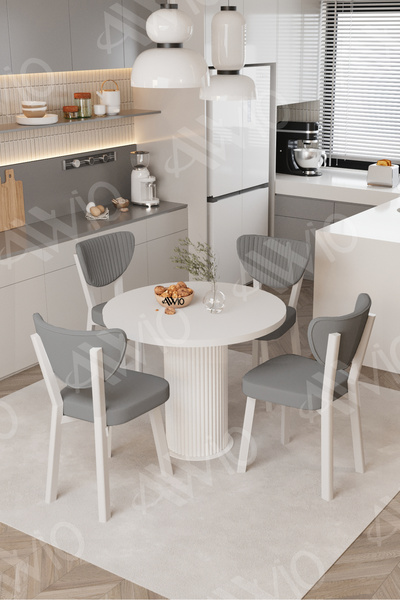 AVVİO Elma Yuvarlak Beyaz Mutfak Masa 4 Adet Sandalyeli Takım