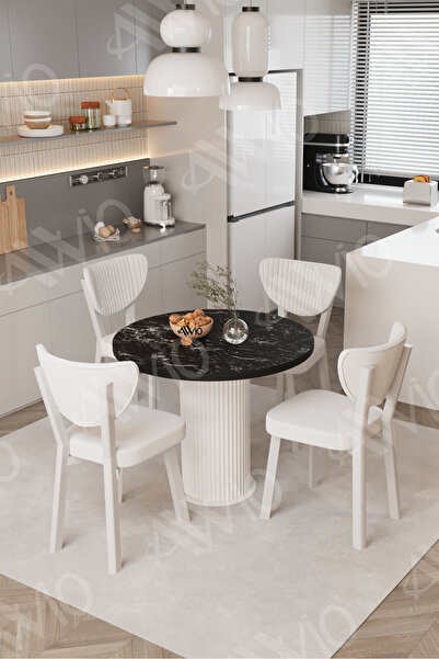 AVVİO Elma Yuvarlak Siyah Mermer Mutfak Masa 4 Adet Sandalyeli Takım