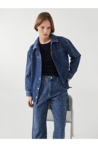 LC Waikiki Peak Yeni Sezon Gömlek Yaka Parlak Taşlı Oversize Kadın Jean Ceket