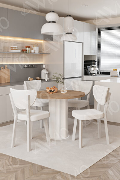 AVVİO Elma Yuvarlak Ceviz Mutfak Masa 4 Adet Sandalyeli Takım