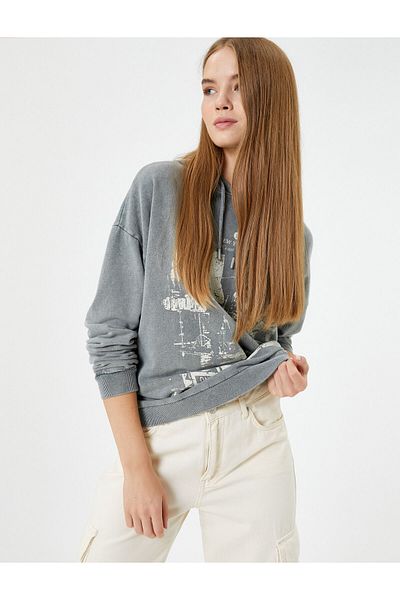 Koton Hooded Sweatshirt Faded Effect Printed Raised Cotton