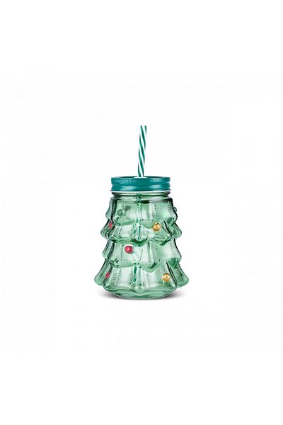 Karaca Christmas Green Pine Tree Patterned Mug with Straw - 520 ml