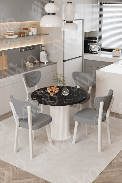 AVVİO Elma Yuvarlak Siyah Mermer Mutfak Masa 4 Adet Sandalyeli Takım