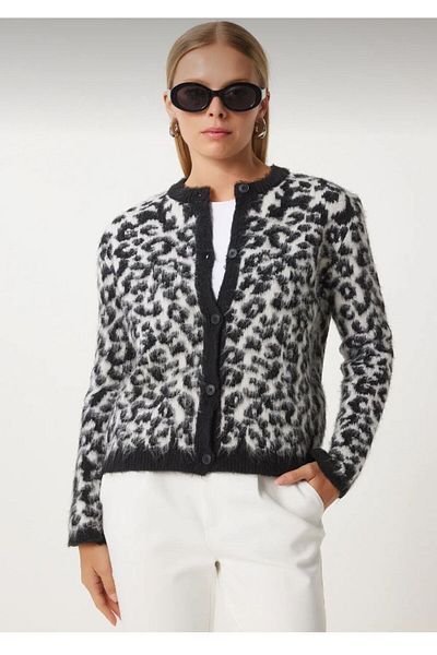 STİLZERAFET Cardigan scurt pentru tricotaje cu barbă cu model leopard