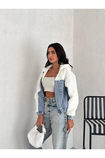 LOKADI Jachetă de damă din denim cu glugă și garnitură de pluș