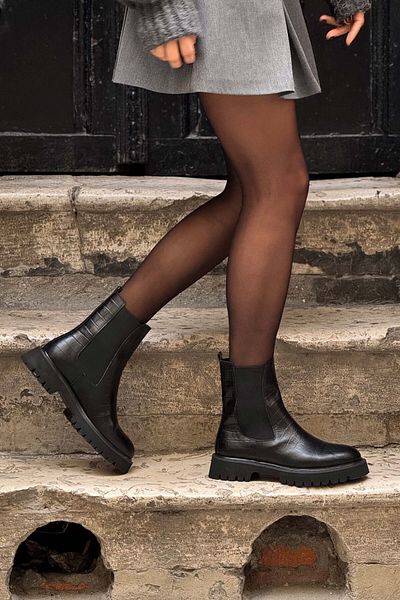 NİŞANTAŞI SHOES Lennon fekete mintás valódi bőr gumi részlet, vastag talpú női csizma