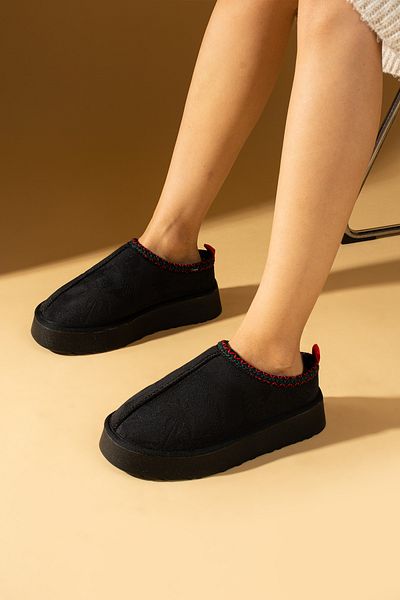 Ege's Shoes Women's Black Floral Suede Sabo Hairy Inside Comfortable Sole Home Outdoor Slippers