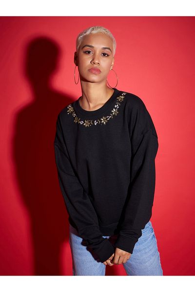 Sassafras By Styli Oversized Beaded Neckline Terry Sweatshirt