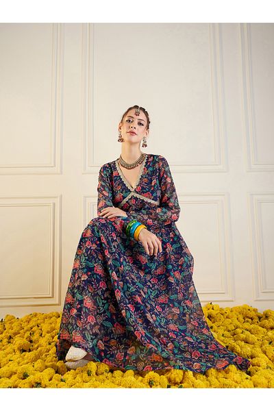 Sassafras By Styli Floral Print Cut-Out Back Detail Anarkali Kurta