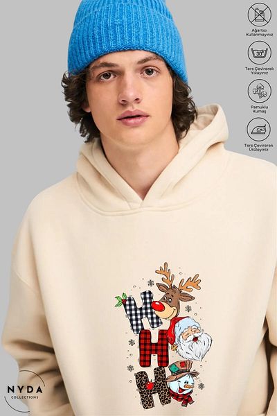 Nyda Collections Χριστουγεννιάτικο εμπριμέ Unisex φούτερ - Μακρυμάνικο, με κουκούλα, υπερμεγέθη βαμβακερό φούτερ