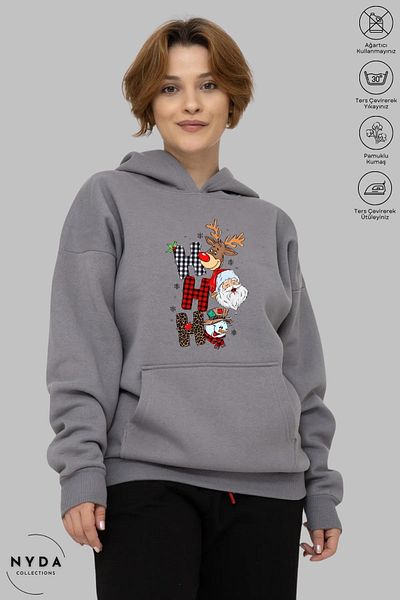 Nyda Collections Χριστουγεννιάτικο εμπριμέ Unisex φούτερ - Μακρυμάνικο, με κουκούλα, υπερμεγέθη βαμβακερό φούτερ