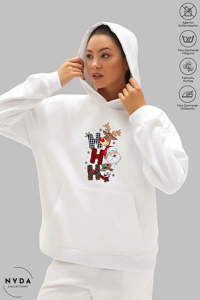 Nyda Collections Χριστουγεννιάτικο εμπριμέ Unisex φούτερ - Μακρυμάνικο, με κουκούλα, υπερμεγέθη βαμβακερό φούτερ