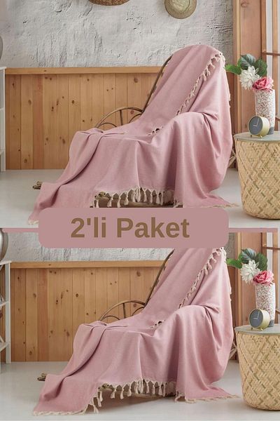 Miracolo Home Set canapea și fotoliu din bumbac trandafir uscat 2 piese - pătură TV 120*150 cm. franjuri legate
