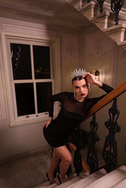 Genel Markalar Transparan Detaylı Mini Kadife Elbise Siyah