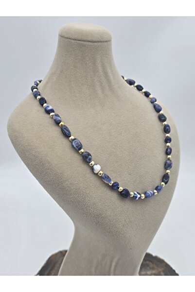 NBS Beautiful Naturel Stones Sodalit Doğal Taş Kolye ( Üçüncü Göz Çakra ) ( 40 cm + 5 cm uzatma Altın Kaplama )