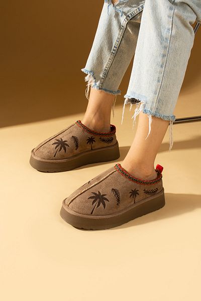 Ege's Shoes Women's Mink Floral Suede Sabo Hairy Inside Comfortable Sole Home Outdoor Slippers