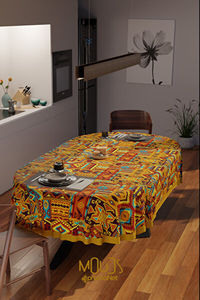 Moud's مفرش طاولة بيضاوي من قماش الكليم العرقي منقوش من الجلد المدبوغ