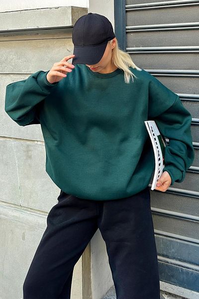 Swist Grünes, übergroßes Basic-Damen-Sweatshirt mit Rundhalsausschnitt und Fleece-Innenseite