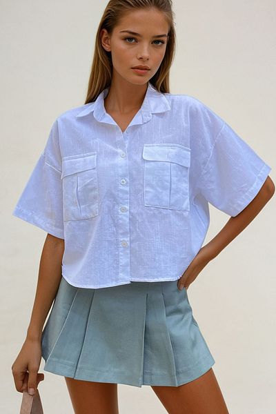 VAGGON Women's White Double Pocket Half Sleeve Linen Shirt Vgn-X9991