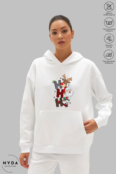 Nyda Collections Χριστουγεννιάτικο εμπριμέ Unisex φούτερ - Μακρυμάνικο, με κουκούλα, υπερμεγέθη βαμβακερό φούτερ