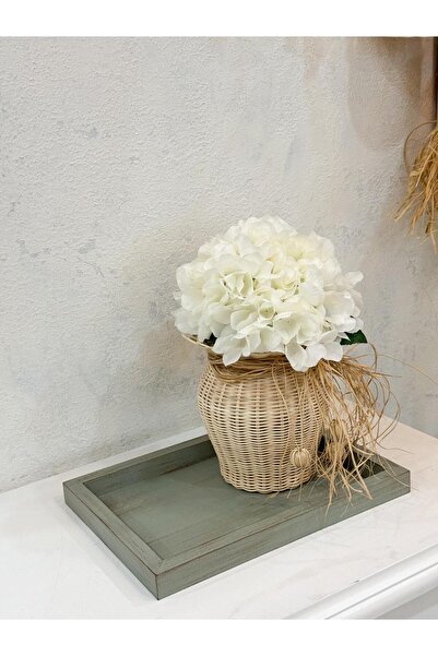 Maison Avf Set de 3 tavă din lemn de culoare lime, vază din ratan și floare artificială de hortensie