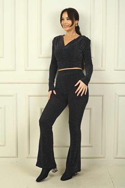 By Saygı Women's Elastic Waist Half Lined Spanish Leg Glitter Trousers