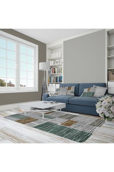 Aden Dijital Baskılı Pamuk Taban Renkli Çizgili Desen Salon Halısı