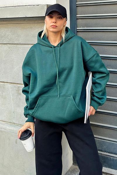 Swist Grünes Oversize-Damen-Sweatshirt mit Kapuze, Kängurutasche und Fleece-Innenseite