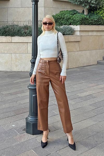 Swist Brown Waist Dart High Waist Women's Faux Leather Trousers